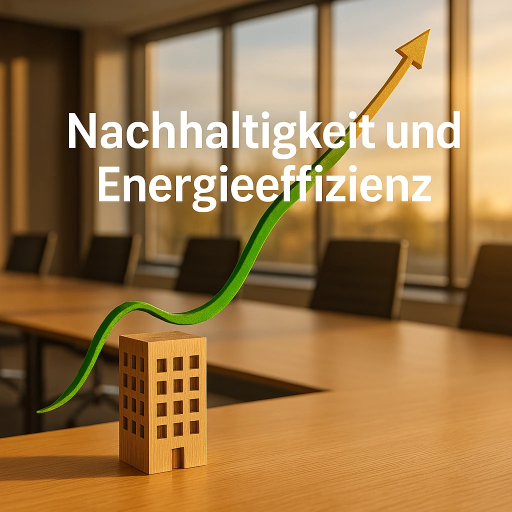 m Vordergrund sieht man ein stilisiertes, modernes Holzmodell eines Firmengebäudes auf einem edlen Besprechungstisch aus hellem Eichenholz. Aus dem Gebäude heraus entwickelt sich eine elegant geschwungene, leuchtend grüne Linie, die nach oben rechts steigt und in eine stabile, goldene Wachstumskurve (ROI/Rendite) übergeht. Der Hintergrund ist ein moderner Konferenzraum, der durch große Fenster in warmes, spätnachmittagliches Sonnenlicht (Golden Hour) getaucht ist. Die Atmosphäre wirkt hochwertig, optimistisch und professionell. In der Bildmitte steht der Schriftzug "Nachhaltigkeit und Energieeffizienz".